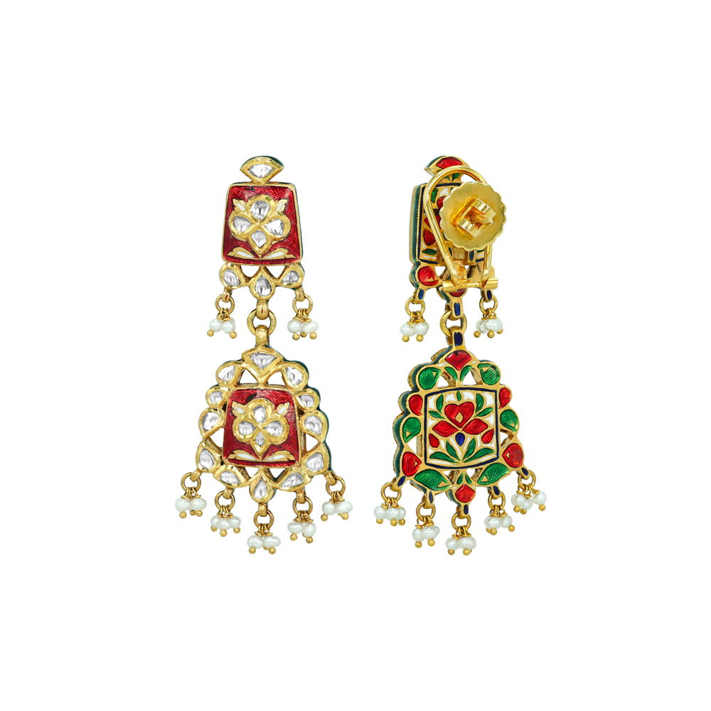 Red Enamel Polki Earrings with Floral Motifs and Cheed Pearls